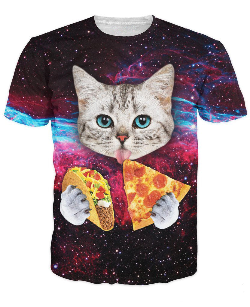 Cute Cat Eating Pizza & Taco Allover Print Tee - BernardoModa